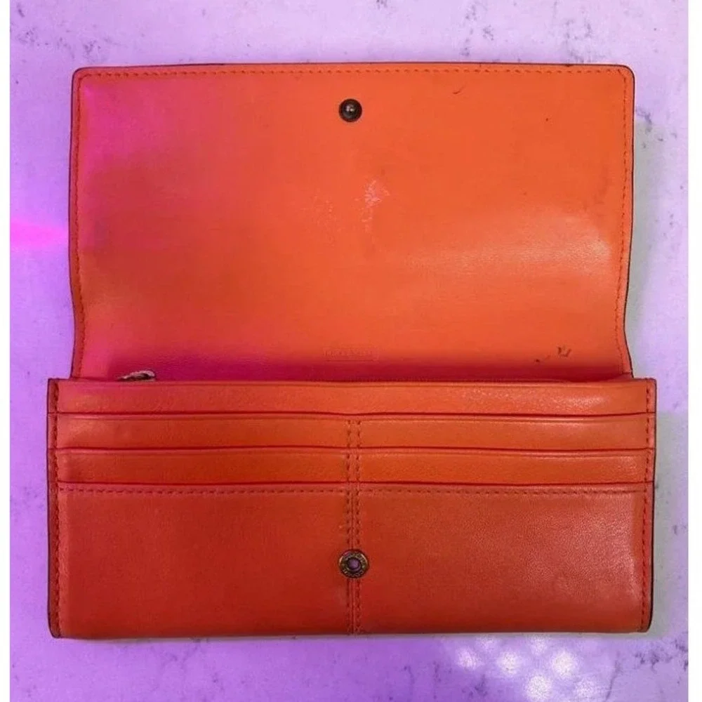 Coach Wallet Women Orange Good Colorblock Zipper Button Slim Envelope Leather